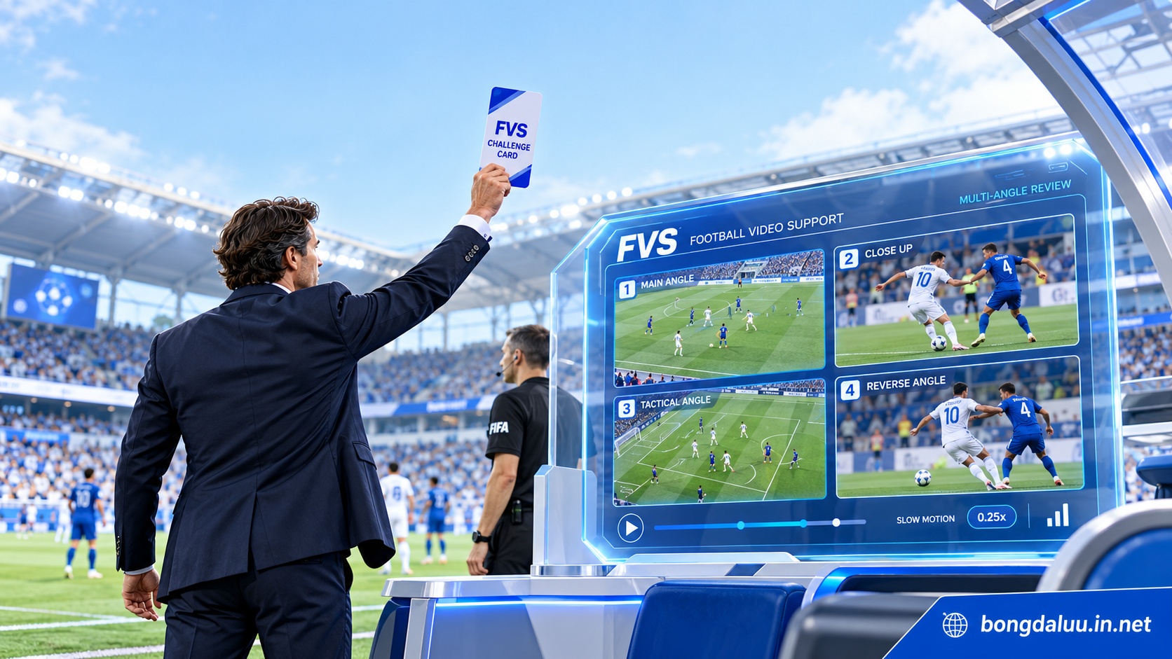 Huấn luyện viên thực hiện quyền khiếu nại công nghệ fvs bóng đá fifa trên đường biên sân cỏ ban ngày