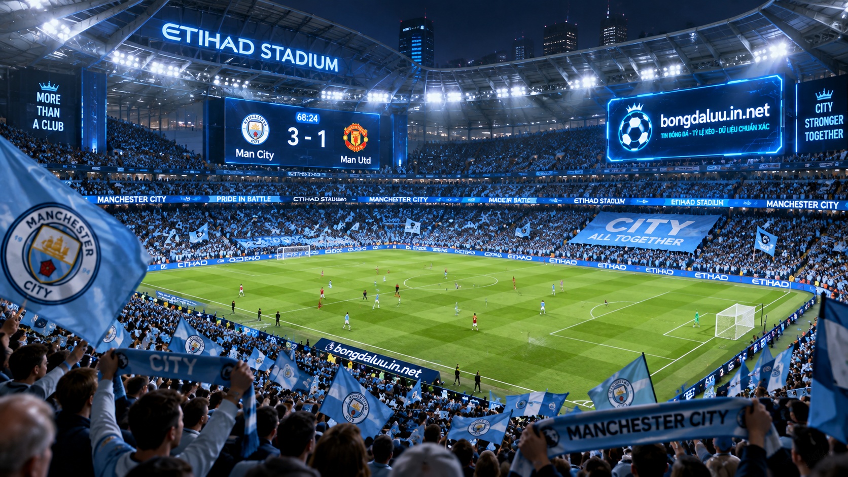 Toàn cảnh sân vận động Etihad rực sáng phục vụ theo dõi tin bóng đá Man City