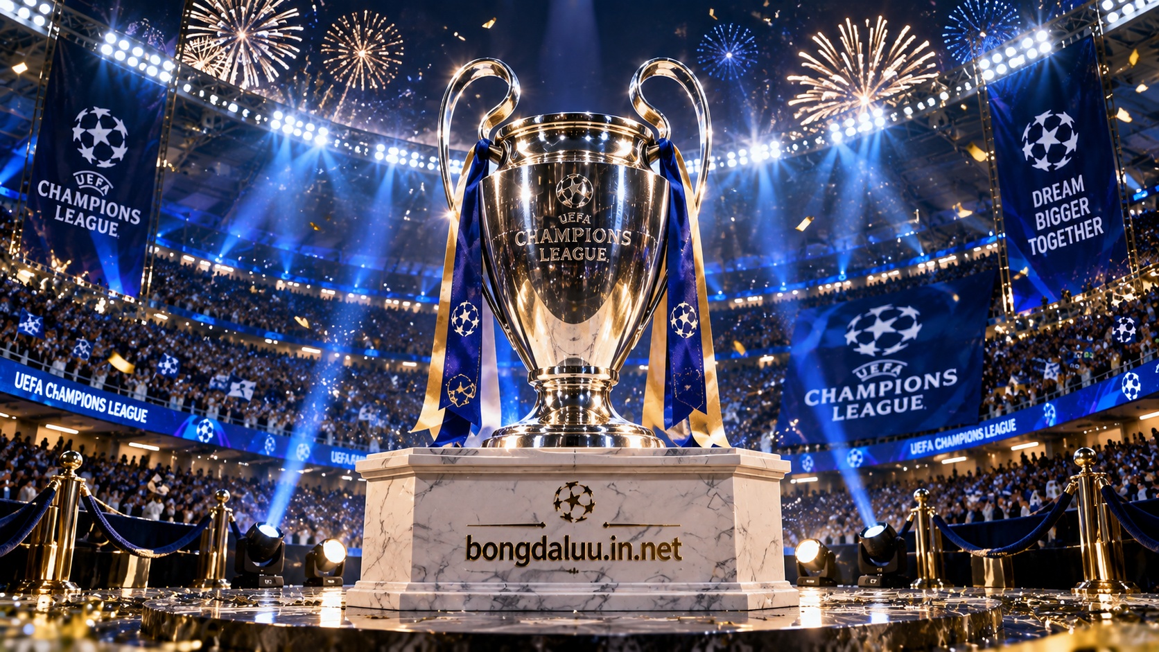 chiếc cúp vô địch danh giá Champions League tỏa sáng rực rỡ trên bục vinh quang